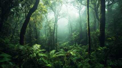 Obraz premium A peaceful rainforest enveloped in mist features tall trees and dense vegetation, creating a serene and mystical environment full of rich greenery