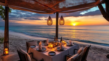 An exquisite dining setup is presented on the beach, featuring a beautifully arranged table under a canopy, illuminated by soft lighting, with a stunning ocean sunset in the background