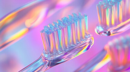 Close-up of a clear toothbrush packaging, no logo, focusing on the unique brush design and vibrant colors, no people.