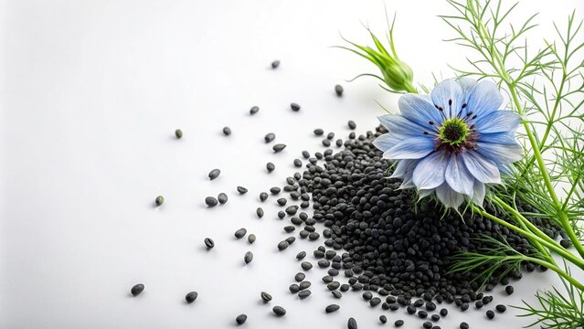 Simple and elegant composition of black cumin seeds and flowering nigella sativa on white backdrop