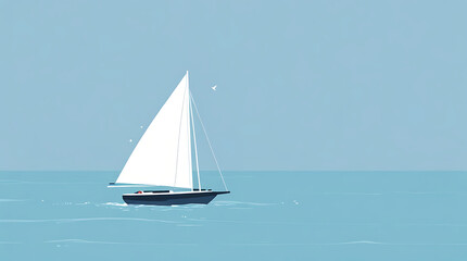 Fototapeta premium A minimal illustration of a simple sailboat on a calm sea, with a few waves and a clear sky. The sailboat is depicted with basic lines, emphasizing tranquility and simplicity