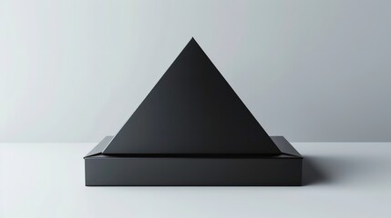 A black pyramid shaped box with a square base stands on a white surface against a white background.