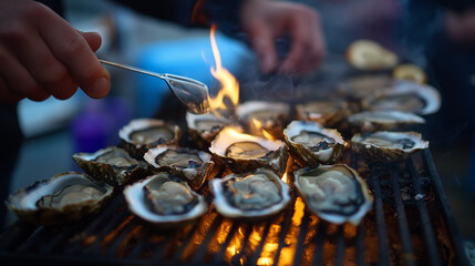 Galway International Oyster and Seafood Festival, a night on the beach with food stalls decorated with hanging lights, Ai generated images