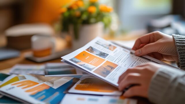 Close-up of hands flipping through marketing brochures during a brand discussion, Brochure Review, Evaluating existing brand materials