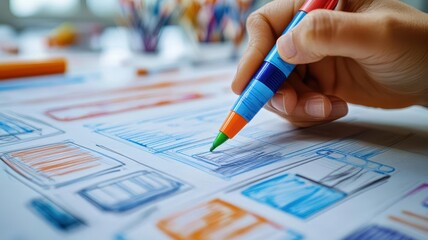 Fingers holding a colored marker, drawing branding concepts on a shared whiteboard, Concept Sketching, Collaborative branding session