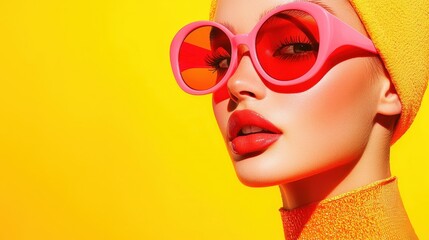 Fashionable Woman in Pink Sunglasses Against a Yellow Background