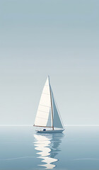 Fototapeta premium A minimal illustration of a simple sailboat on a calm sea, with a few waves and a clear sky. The sailboat is depicted with basic lines, emphasizing tranquility and simplicity