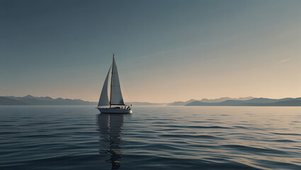 Fototapeta premium A minimal illustration of a simple sailboat on a calm sea, with a few waves and a clear sky. The sailboat is depicted with basic lines, emphasizing tranquility and simplicity