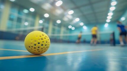 A bright yellow pickleball is in focus, resting on the court surface while players compete in the background, showcasing dynamic movement and skill