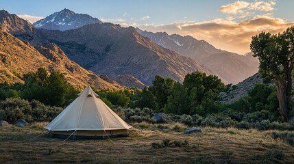 A tourist camp in the mountains showcases a spacious tent surrounded by lush vegetation and rugged peaks during a tranquil evening amidst nature’s beauty