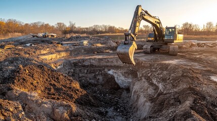 A powerful excavator operates on a construction site, vigorously digging into the earth as the sun sets, highlighting the machinery's capabilities against the backdrop