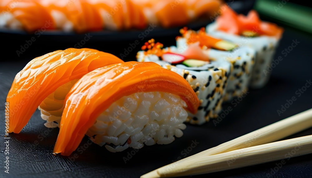 Wall mural chopsticks holding salmon nigiri sushi in a japanese restaurant setting on a sleek black background