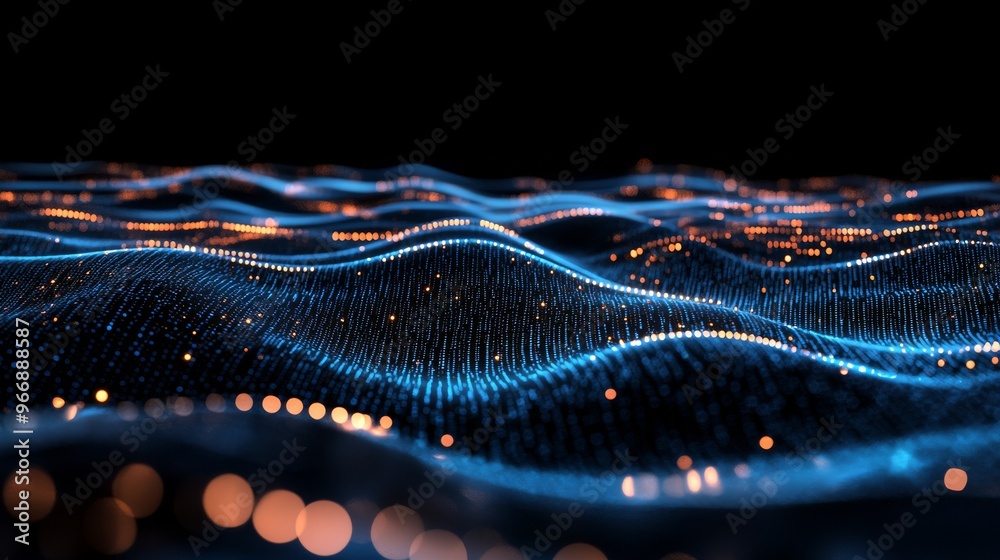 Fototapete Vibrant digital data streams pulsate across a dark background, showcasing flowing lines of bright code. The scene captures a futuristic atmosphere of constant movement and energy