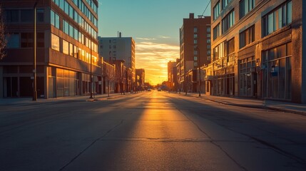 Fototapeta premium An empty urban street basks in the warm glow of sunset, casting long shadows from the buildings along the quiet road, creating a serene atmosphere in the city