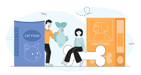 People with pet food. Man and woman near blue and yellow bags with cat and dog food. Volunteers with fish and bone. Care about domestic animals. Linear vector illustration