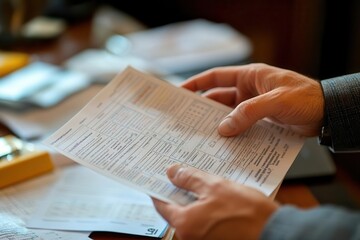 Naklejka premium Hands flipping through printed cash flow projections during a business meeting, Financial Planning, Advising client on cash flow management