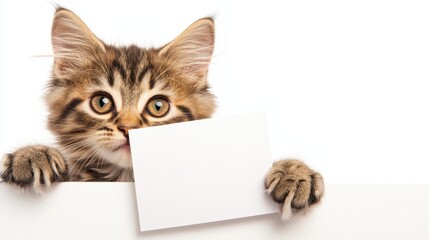 Cute Kitten Holding Blank White Sign