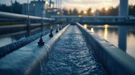 The industrial wastewater treatment plant showcases multiple filtration pools and pipelines illuminated by evening lights, emphasizing its large-scale operations