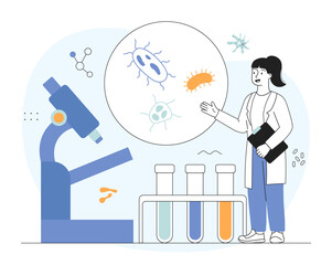 Woman with pharmaceutical research. Scientist in medical uniform near microscope and flasks with reagents. Chemical experiments in laboratory. Drug development. Linear vector illustration