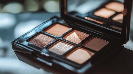 Close-up of a travel-sized eyeshadow palette with a mirror, no logo, centered on the compact design, no people.