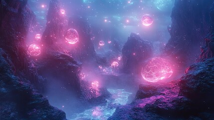 Fototapeta premium 21. A magical canyon with glowing rock formations and floating orbs of light, inhabited by mystical creatures that blend into the vibrant landscape