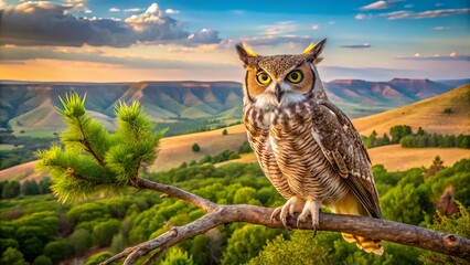 Obraz premium A regal great horned owl holds court on a creaky branch, Oklahoma's undulating hills stretching out behind like