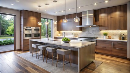 Sleek modern kitchen with integrated appliances, quartz countertops, and pendant lighting