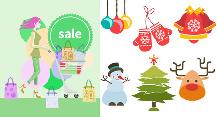 Woman pushing a cart filled with shopping bags under a sale sign, surrounded by holiday-themed items like ornaments, mittens, bells, snowman, Christmas tree, and reindeer. Ideal for Christmas