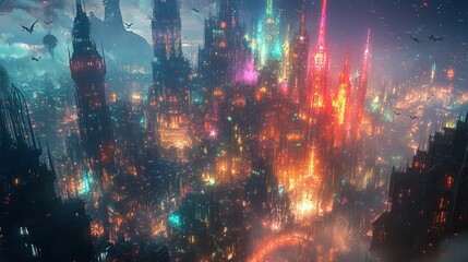 Fototapeta premium 14. A fantasy cityscape with glowing towers and flying creatures zooming between colorful buildings, creating a vibrant, futuristic world filled with life and movement
