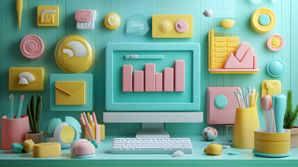 A colorful workspace with a computer, charts, and decorative elements for a creative atmosphere.