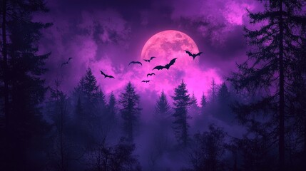 Enchanting Full Moon Night in Spooky Forest with Flying Bats and Purple Misty Sky
