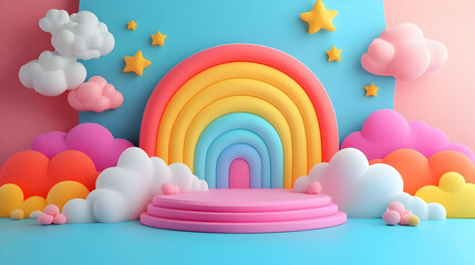 A colorful, playful scene featuring a rainbow and fluffy clouds, perfect for children's themes.