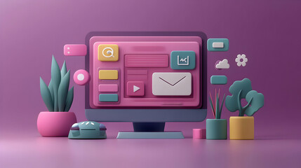 A colorful, stylized computer monitor with various icons and plants, representing digital interaction.