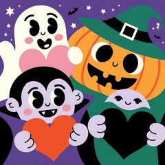 Fototapeta premium Festive Halloween Gathering of Iconic Characters: Ghost, Pumpkin, Vampire, and Witch