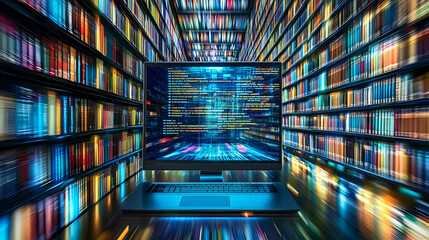 A computer displaying code in a library filled with colorful books.
