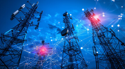 Communication Tower with Digital Overlay and Blue Bokeh