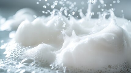 Close-up of foam cleanser with water in motion, enhancing a sense of cleanliness and purity, no branding, focal point clearly on the cleanser, no people.