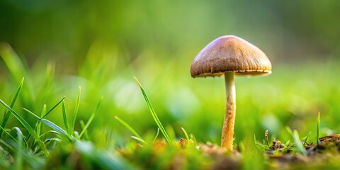 Small brown mushroom in grass at Cannon Hall parkland, Bansley, South Yorkshire macro