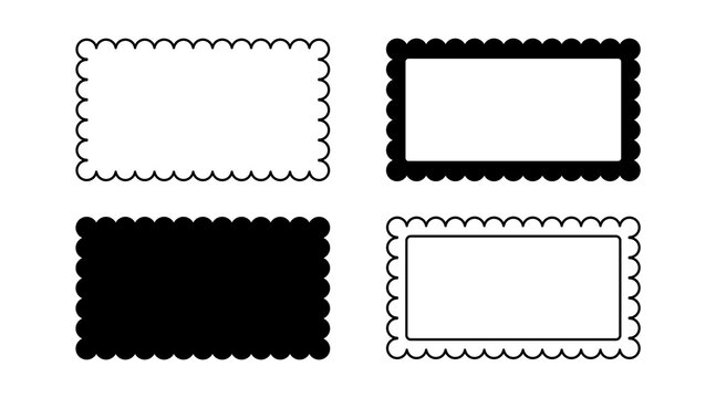 Border frame scallop edge rectangle vector shape. Wave scallop squiggle cute simple rectangle border set. Simple wavy squiggly line retro photo picture frame. Vector illustration