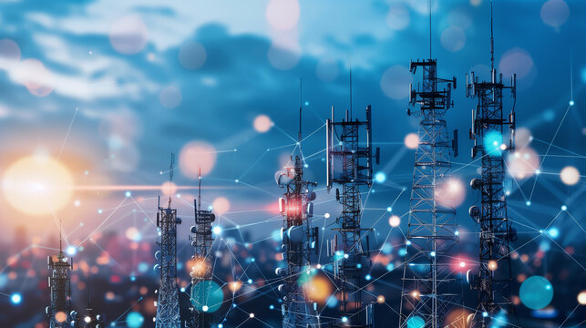 Communication Tower with Digital Overlay and Blue Bokeh