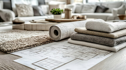 A cozy interior design setup featuring fabric samples and architectural plans.