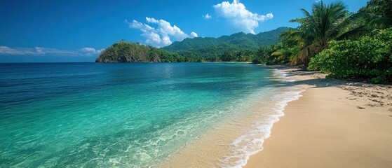 Tranquil Beach Scene with Crystal Clear Water and Lush Green Palm Trees