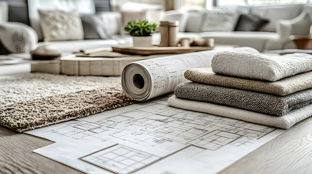 A cozy interior design setup featuring fabric samples and architectural plans.