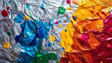 Abstract Colorful Paint Splashes on Crumpled Foil