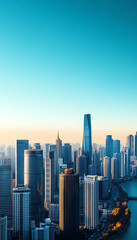 A stunning skyline view of a modern city at sunrise, showcasing futuristic architecture and a vibrant urban landscape.