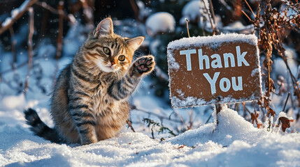 Playful kitten in snow pawing at sign, expressing gratitude with charming wave. This adorable scene captures joy of winter and cuteness of furry friend