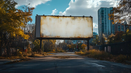 Obraz premium A deserted street with a rusty billboard under a cloudy sky and autumn foliage.