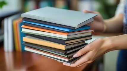 Hands holding branded notebooks stacked on a desk, Office Supplies, Distributing branded materials to the office team