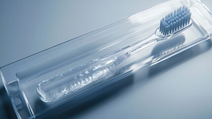 Detailed shot of a toothbrush in modern, sleek packaging, no branding, focusing on the packaging's transparency, no people.