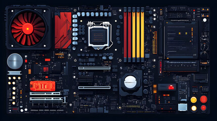 Obraz premium A detailed illustration of a computer motherboard showcasing its components and layout.